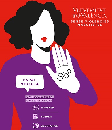 imatge de l'espai violeta. Una dona alça la mà on es pot llegir la paraula STOP